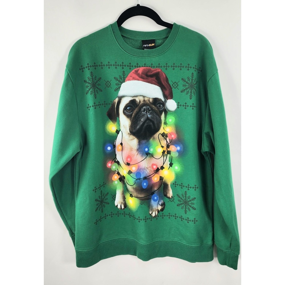 Fifth Sun Pug Ugly Christmas Sweater Men's L Green Santa Dog Lights Sweatshirt